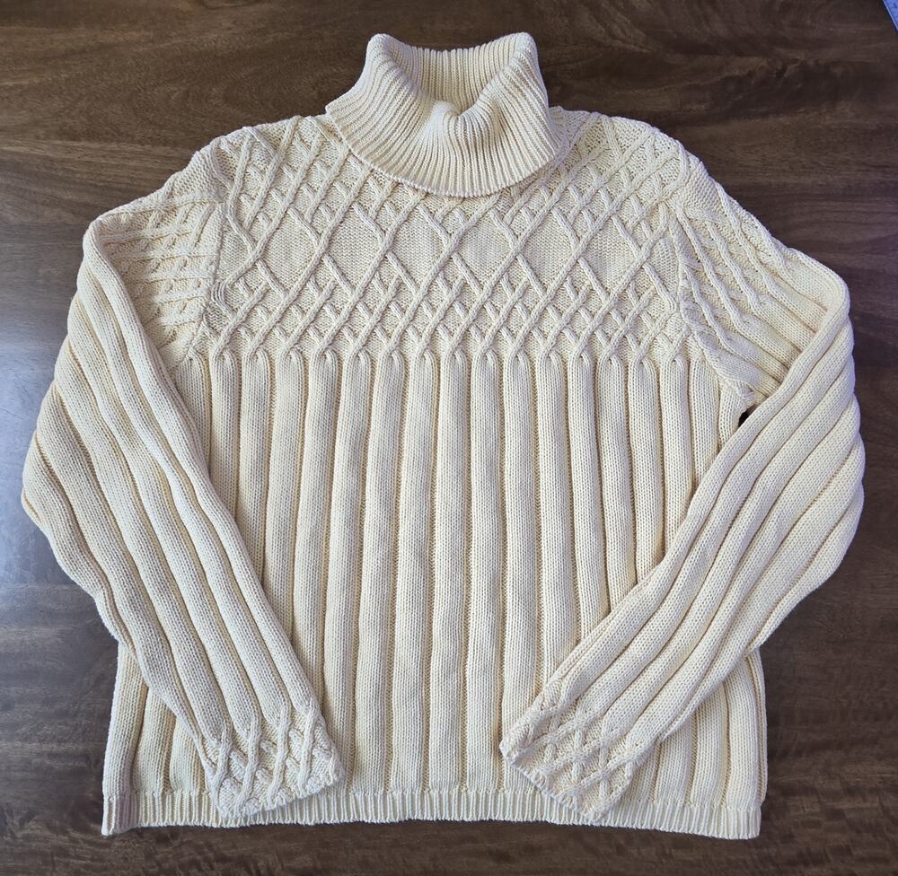 Vintage Wainscott Cotton Turtleneck Sweater XL Butter Yellow Diamond Cable Knit